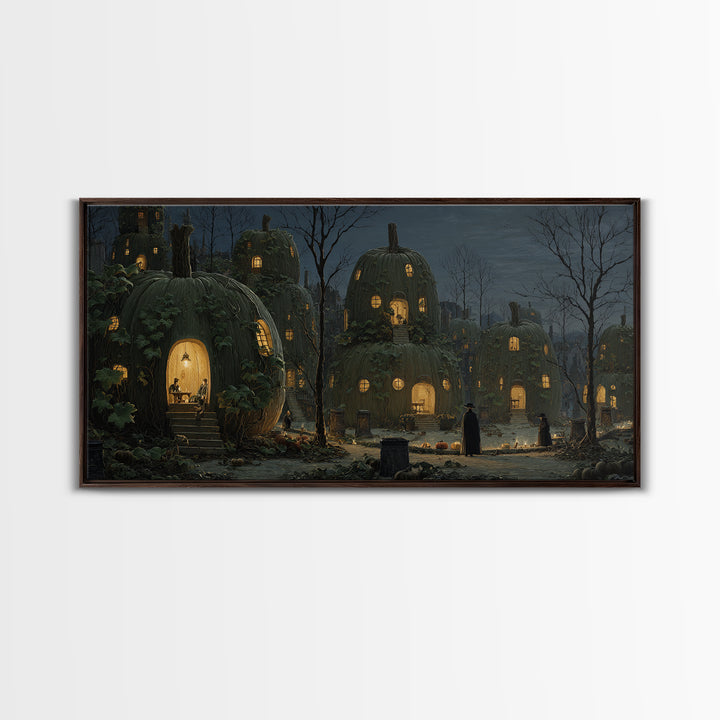 The Pumpkin-House Neighborhood, Romantic Gothic Landscape, Wide Panoramic Art, Macabre Wall Art, Framed Canvas Print