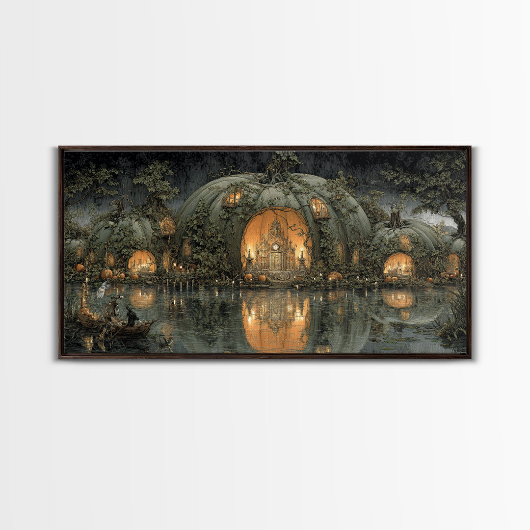 The Pumpkin-House Neighborhood, Symbolist Gothic Landscape, Wide Panoramic Art, Dark Halloween Decor, Canvas Print, Halloween Wall Art
