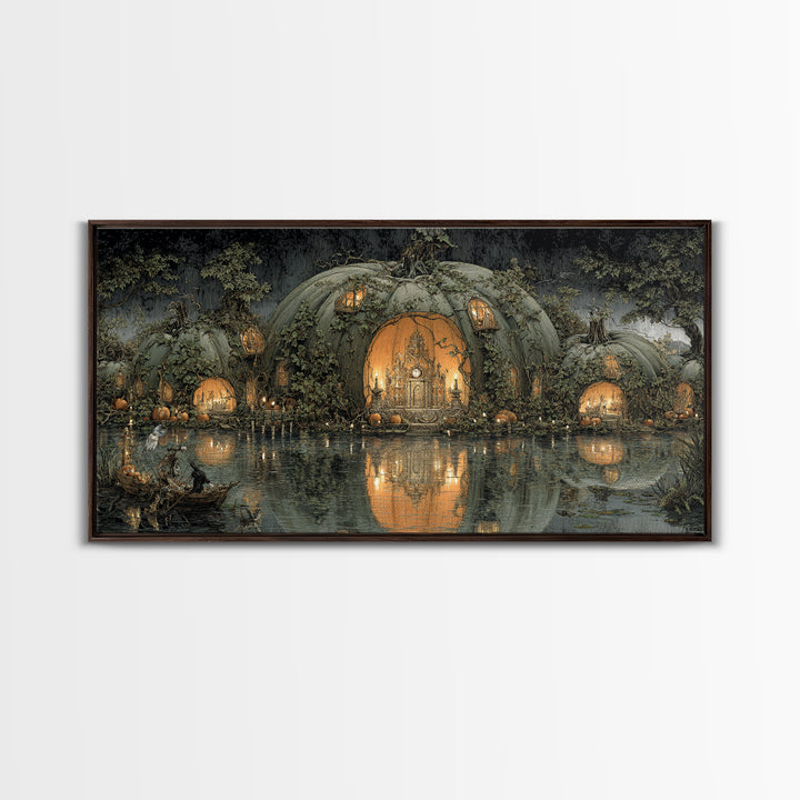 The Pumpkin-House Neighborhood, Symbolist Gothic Landscape, Wide Panoramic Art, Dark Halloween Decor, Canvas Print, Halloween Wall Art