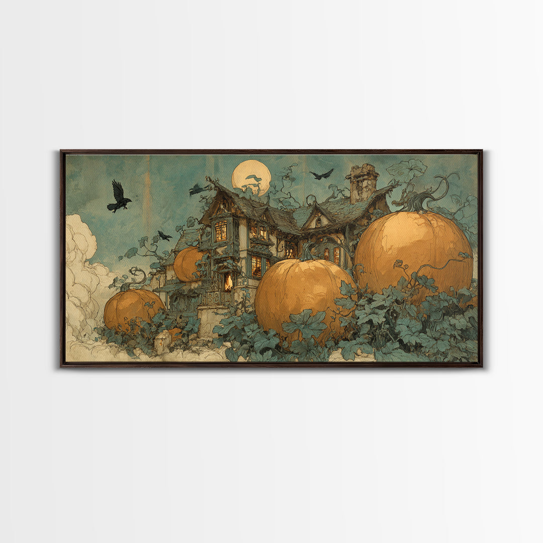The Pumpkin-House Neighborhood, Decadent Gothic Art, Wide Panoramic Art, Dark Fantasy Wall Art, Framed Canvas Print