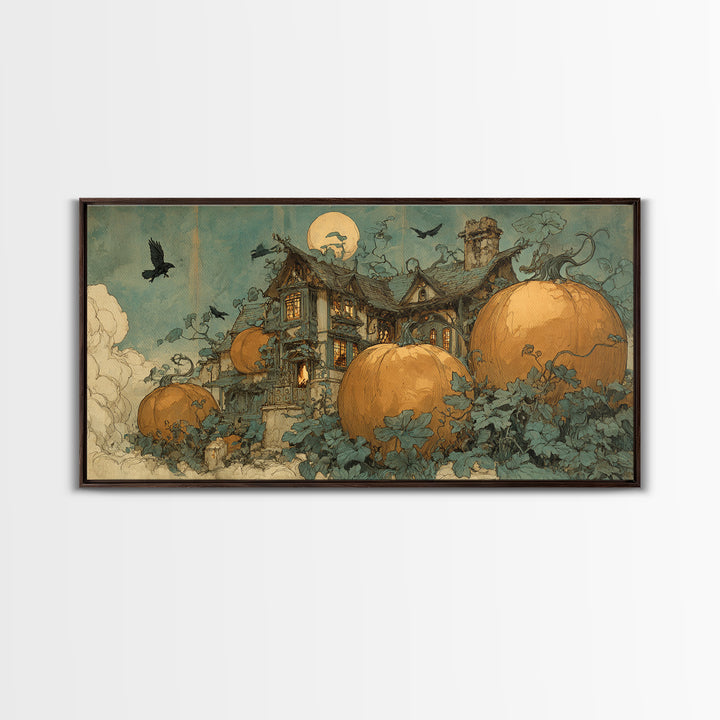 The Pumpkin-House Neighborhood, Decadent Gothic Art, Wide Panoramic Art, Dark Fantasy Wall Art, Framed Canvas Print