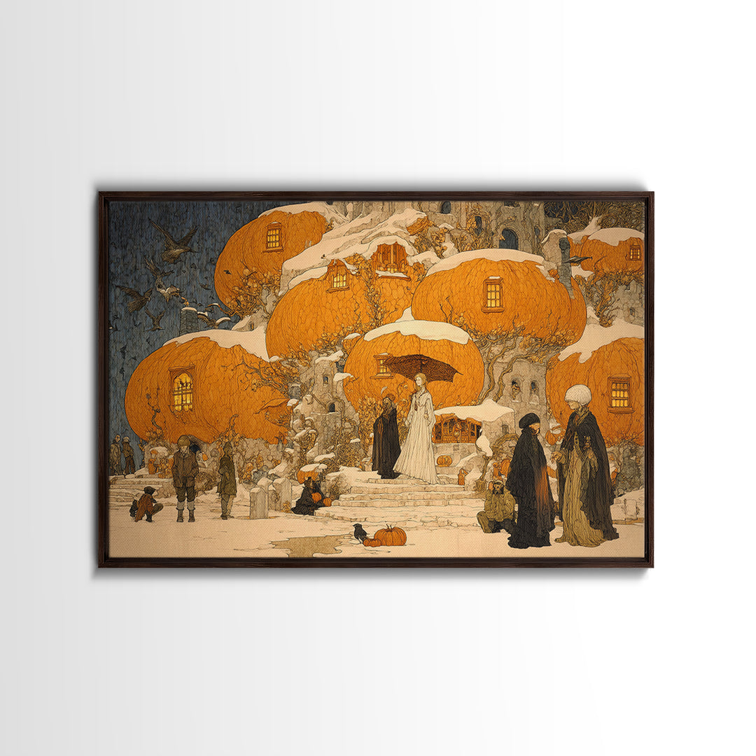 The Pumpkin-House Neighborhood, Symbolist Death Art, Landscape Wall Art, Macabre Wall Art, Framed Canvas Print, Halloween Wall Art