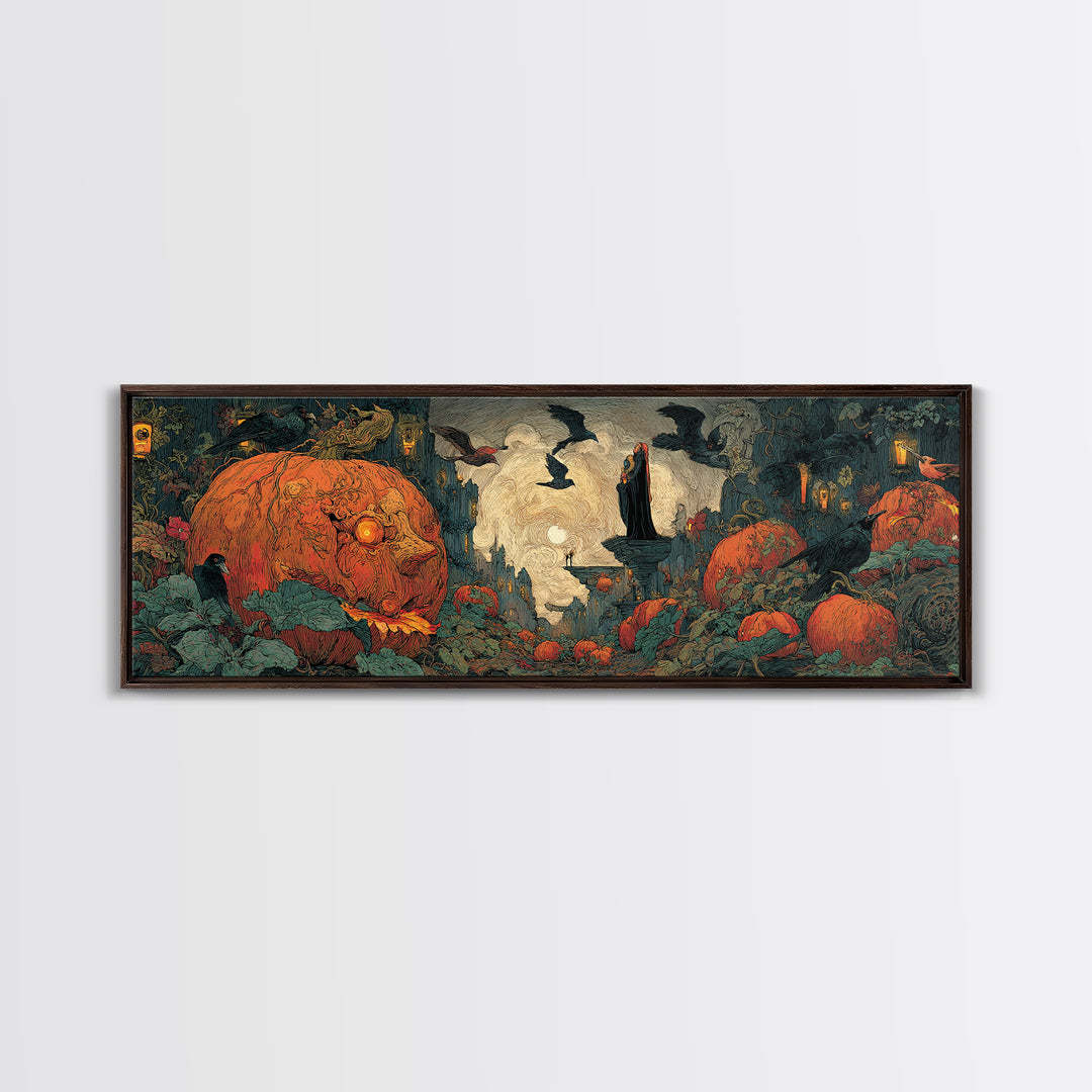 The Pumpkin-House Neighborhood, Dark Symbolist Art, Extra Wide Wall Art, Macabre Wall Art, Framed Canvas Print, Halloween Wall Art