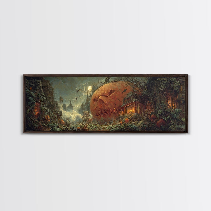 The Pumpkin-House Neighborhood, Symbolist Etching Art, Extra Wide Wall Art, Gothic Horror Wall Art, Framed Canvas Print, Dark Fantasy Art