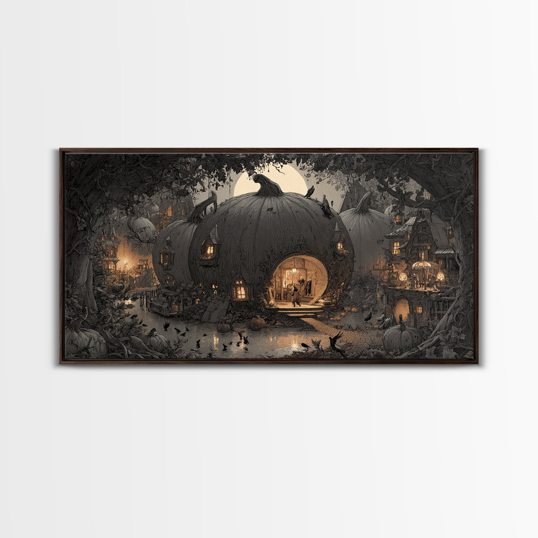 The Pumpkin-House Neighborhood, Expressionist Nightmare Art, Wide Panoramic Art, Gothic Horror Wall Art, Framed Canvas Print