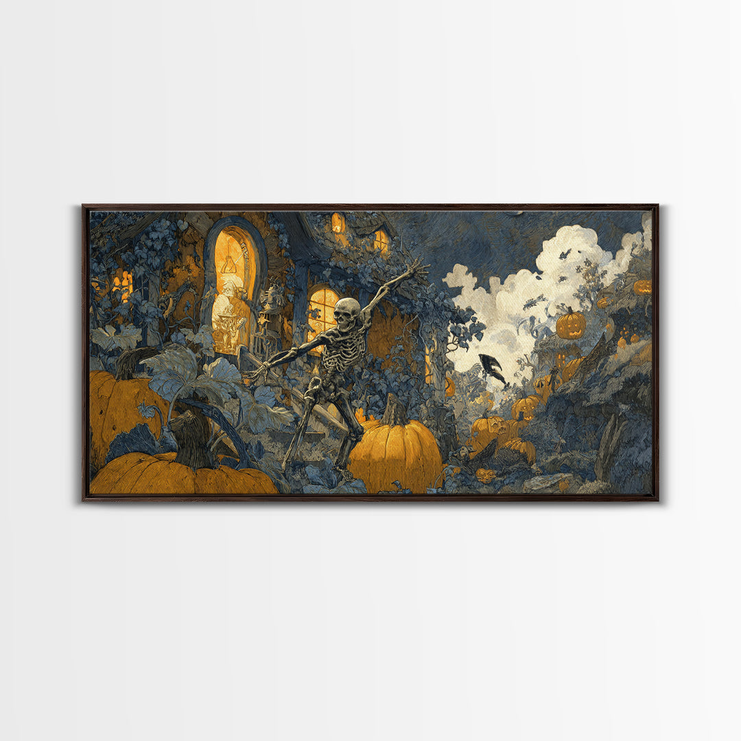 The Pumpkin-House Neighborhood, Grotesque Carnival Art, Wide Panoramic Art, Dark Halloween Decor, Framed Canvas Print, Halloween Wall Art