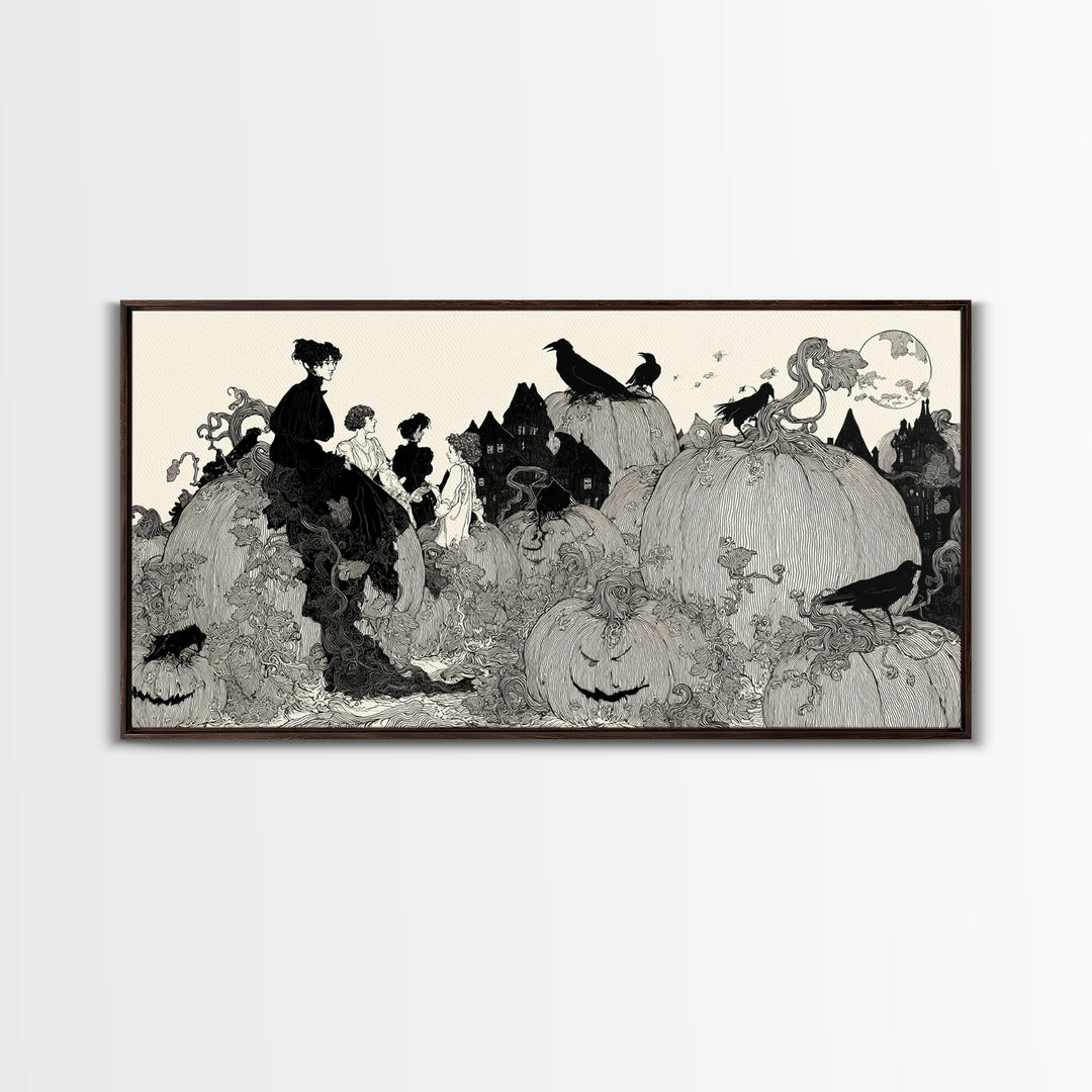 The Pumpkin-House Neighborhood, Decadent Line Art, Wide Panoramic Art, Dark Fantasy Wall Art, Framed Canvas Print