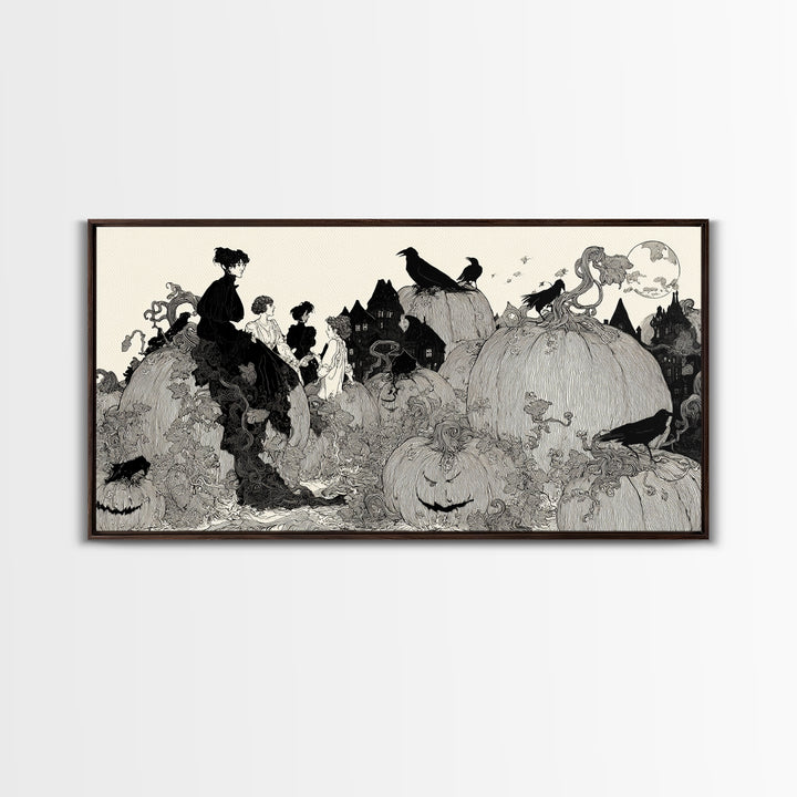 The Pumpkin-House Neighborhood, Decadent Line Art, Wide Panoramic Art, Dark Fantasy Wall Art, Framed Canvas Print