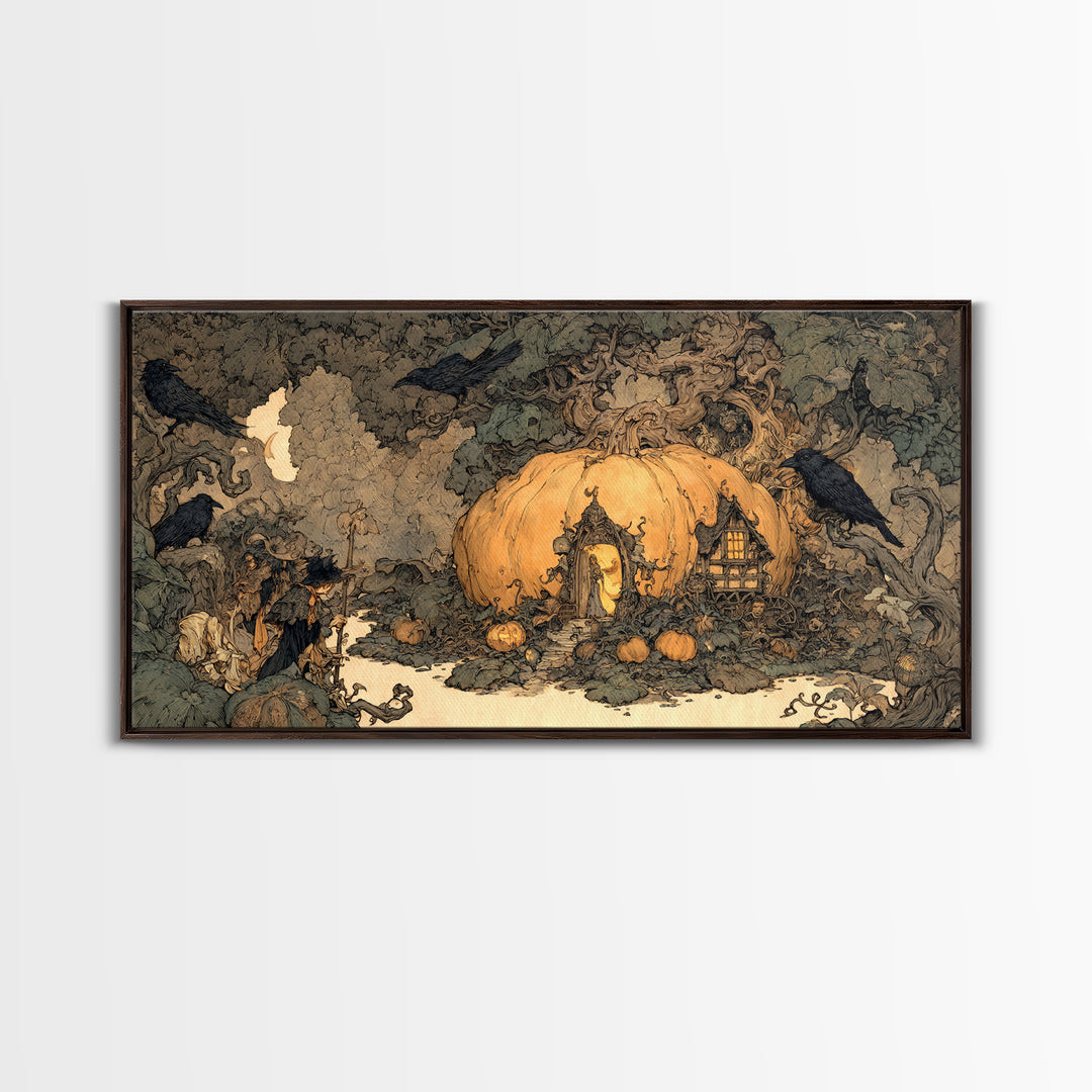 The Pumpkin-House Neighborhood, Gothic Storybook Art, Wide Panoramic Art, Gothic Horror Wall Art, Framed Canvas Print