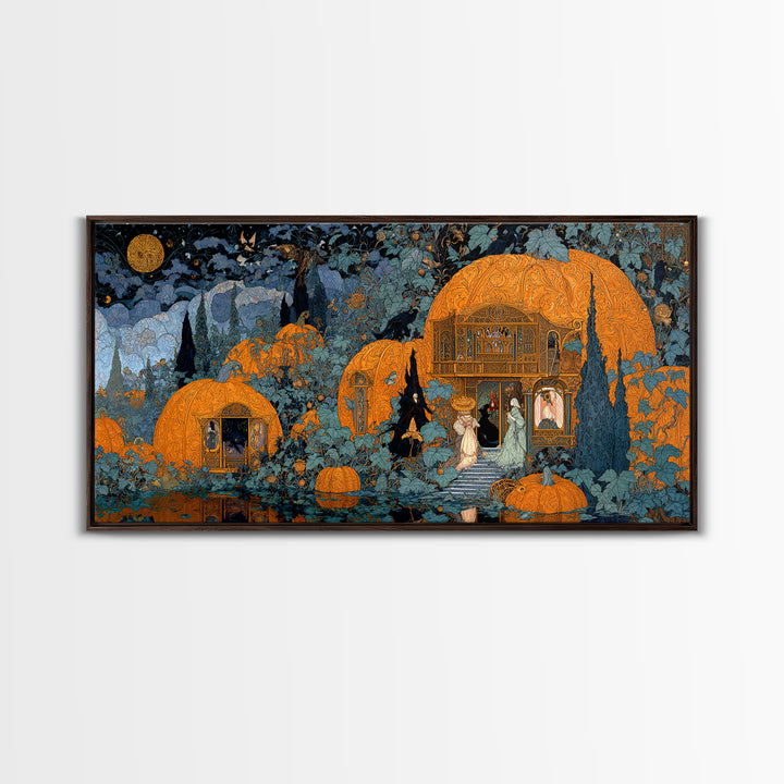 The Pumpkin-House Neighborhood, Stained Glass Gothic Art, Wide Panoramic Art, Dark Halloween Decor, Framed Canvas Print, Halloween Wall Art