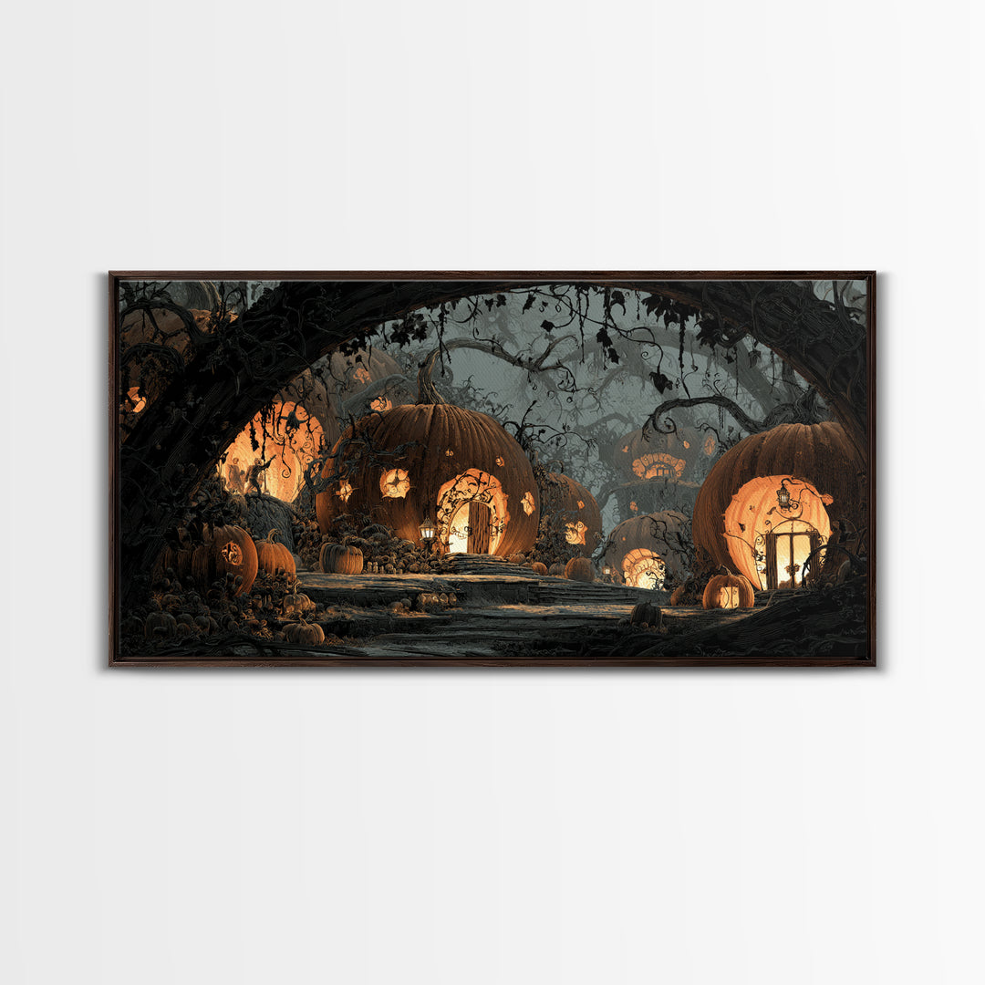 The Pumpkin-House Neighborhood, Macabre Folk Print Art, Wide Panoramic Art, Macabre Wall Art, Framed Canvas Print