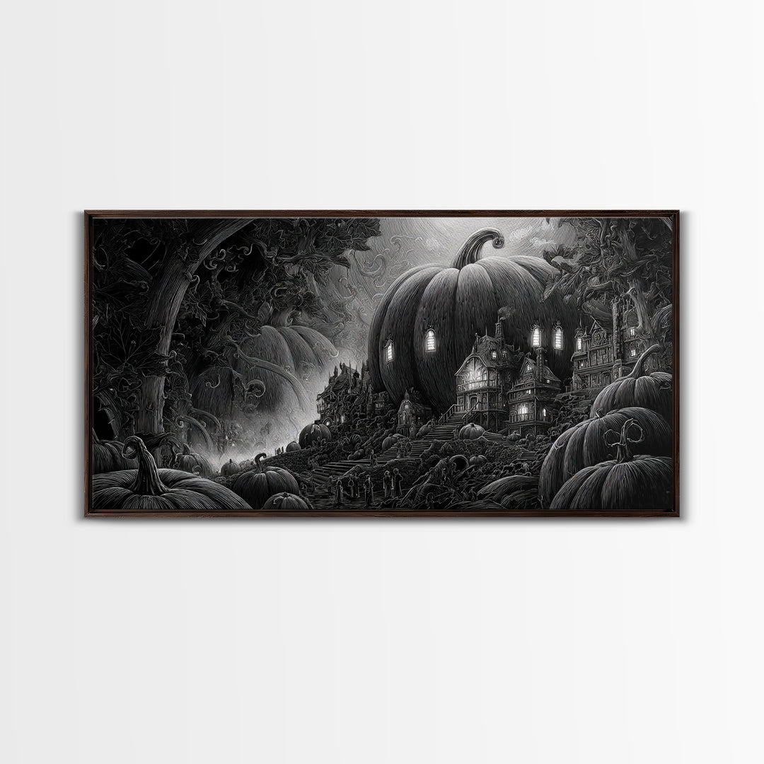 The Pumpkin-House Neighborhood, Biomechanical Horror Art, Wide Panoramic Art, Dark Halloween Decor, Framed Canvas Print, Halloween Wall Art