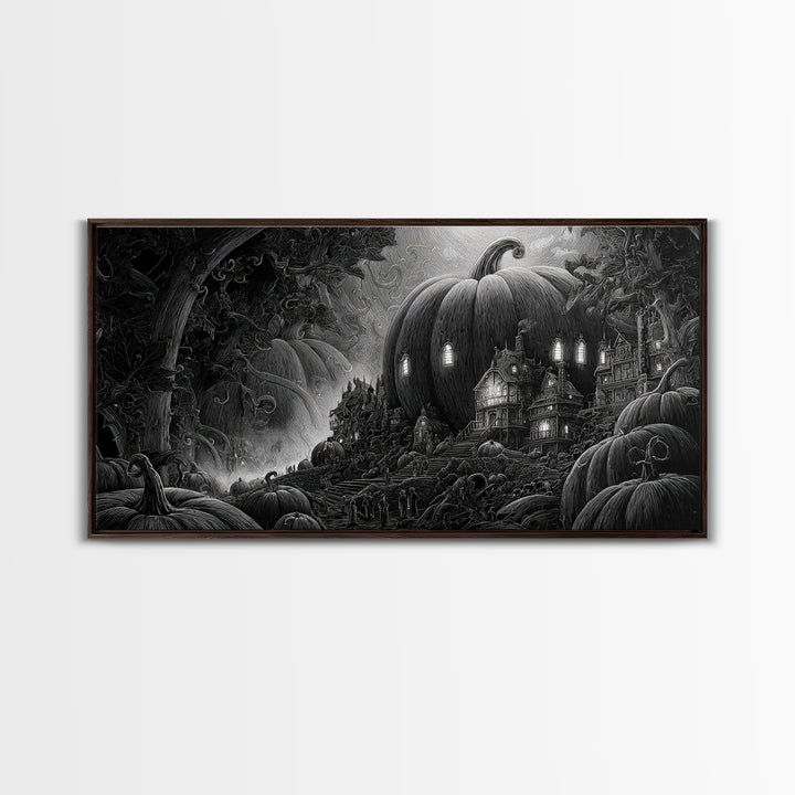 The Pumpkin-House Neighborhood, Biomechanical Horror Art, Wide Panoramic Art, Dark Halloween Decor, Framed Canvas Print, Halloween Wall Art