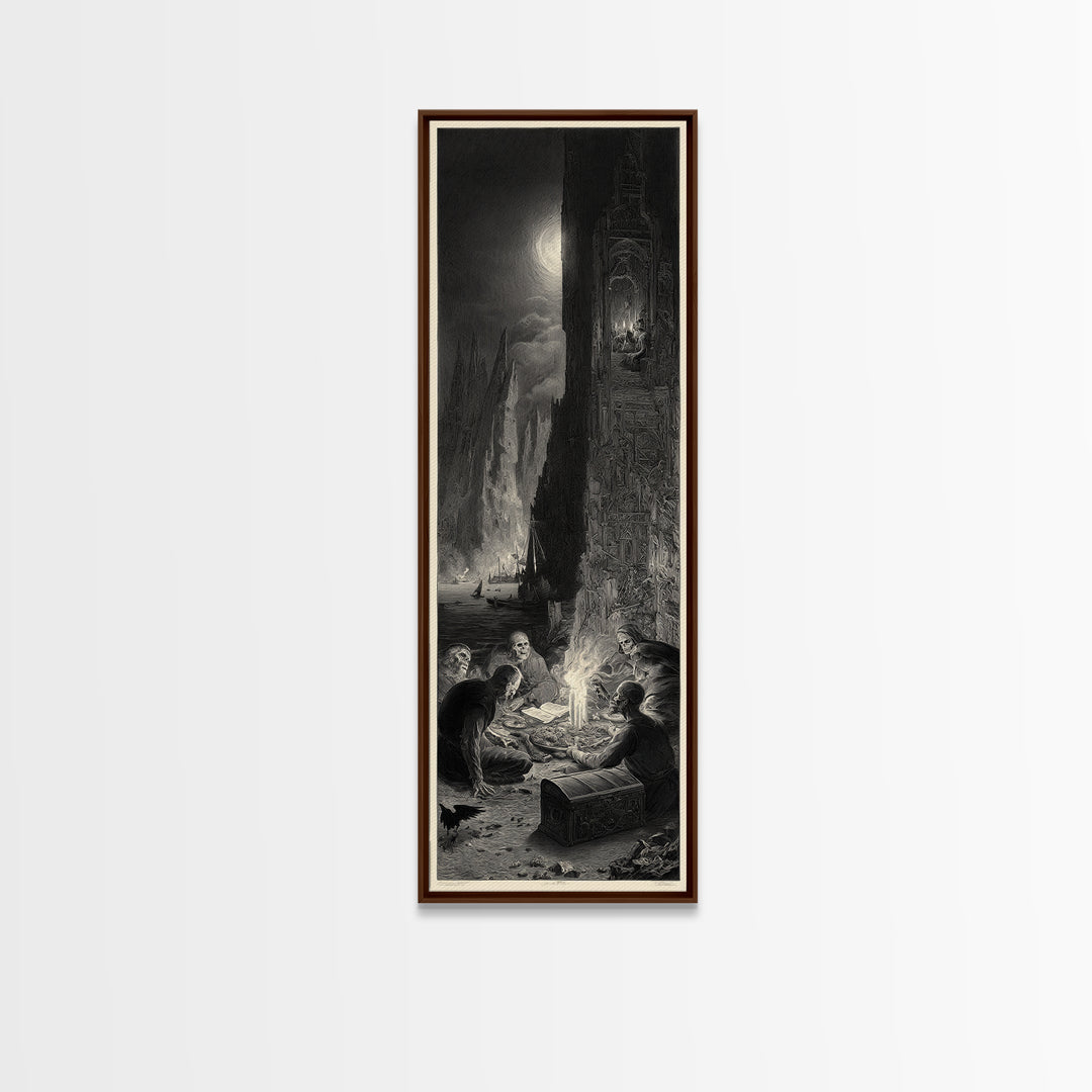 The Ghost Pirate Picnic, Gothic Engraving Art, Tall Narrow Wall Art, Dark Fantasy Wall Art, Framed Canvas Print, Halloween Wall Art