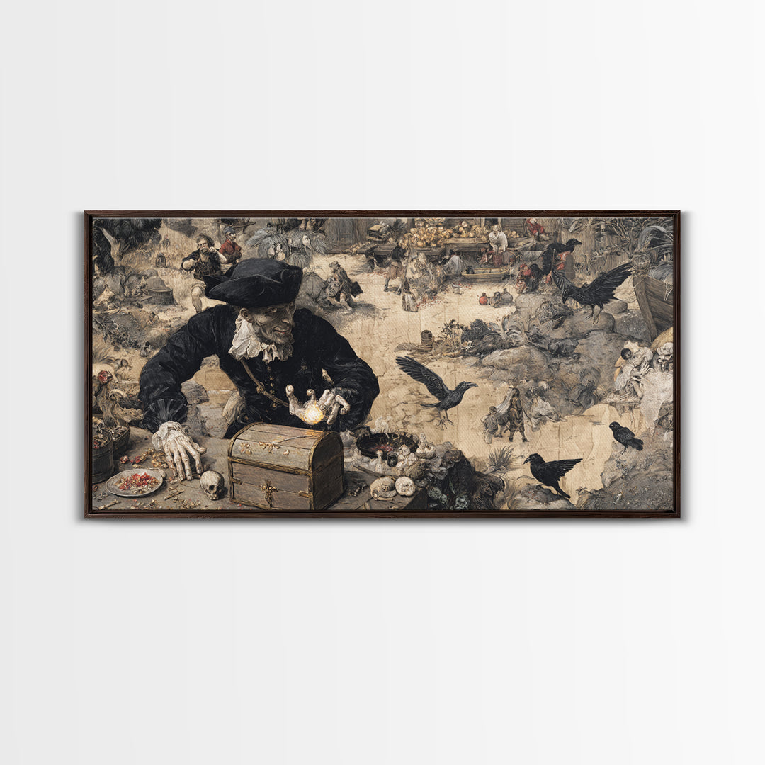 The Ghost Pirate Picnic, Northern Renaissance Horror, Wide Panoramic Art, Macabre Wall Art, Framed Canvas Print