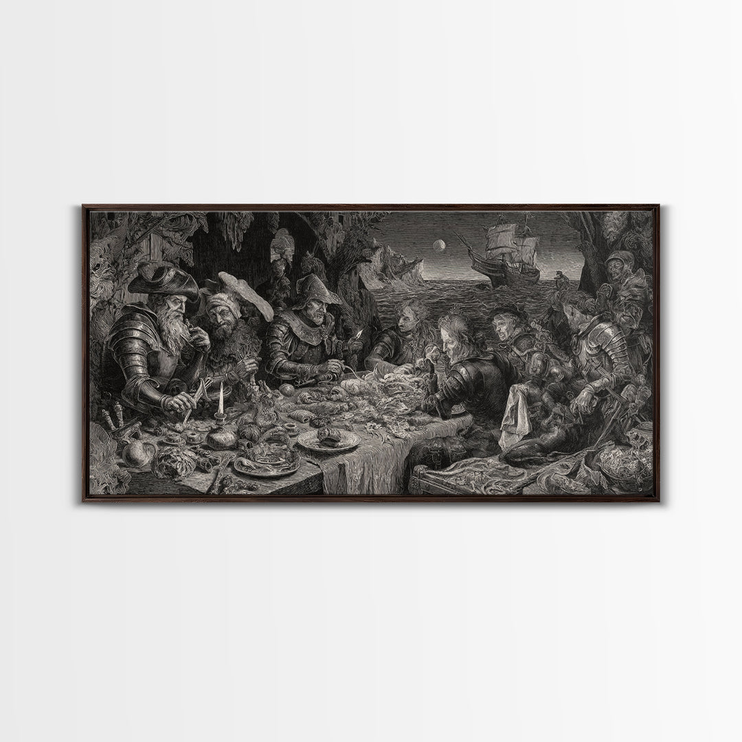 The Ghost Pirate Picnic, Renaissance Engraving Art, Wide Panoramic Art, Gothic Horror Wall Art, Canvas Print, Halloween Wall Art