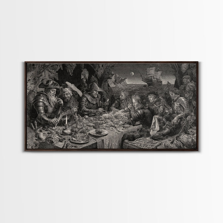 The Ghost Pirate Picnic, Renaissance Engraving Art, Wide Panoramic Art, Gothic Horror Wall Art, Canvas Print, Halloween Wall Art