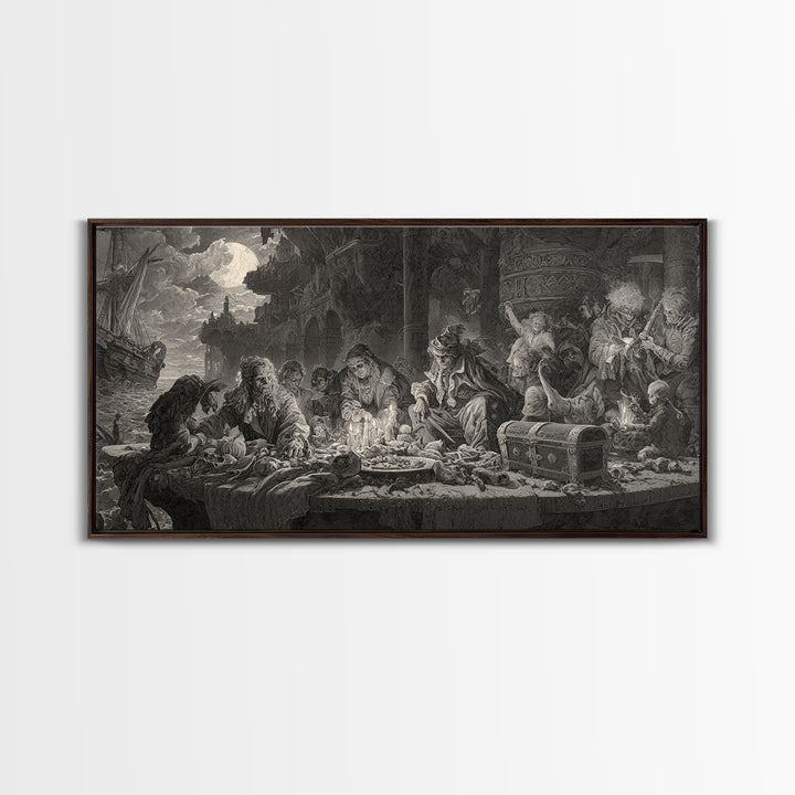 The Ghost Pirate Picnic, Architectural Etching Art, Wide Panoramic Art, Dark Halloween Decor, Framed Canvas Print