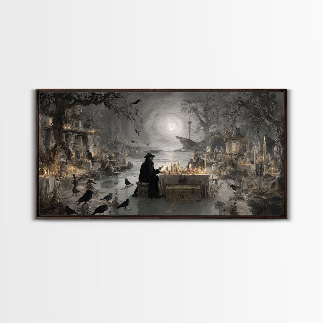 The Ghost Pirate Picnic, Romantic Gothic Landscape, Wide Panoramic Art, Macabre Wall Art, Framed Canvas Print, Halloween Wall Art