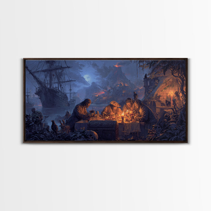 The Ghost Pirate Picnic, Apocalyptic Romantic Art, Wide Panoramic Art, Macabre Wall Art, Framed Canvas Print, Halloween Wall Art