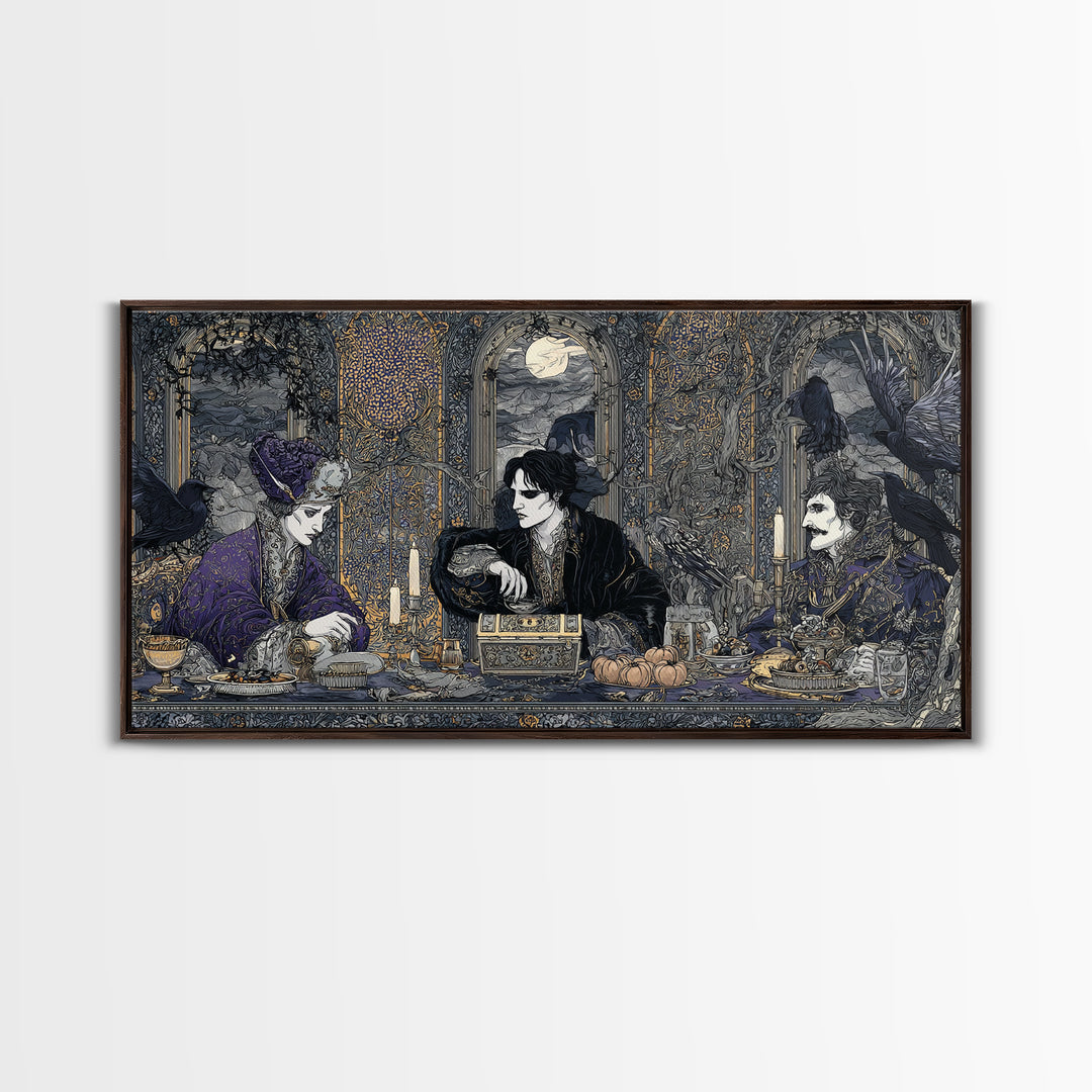 The Ghost Pirate Picnic, Stained Glass Gothic Art, Wide Panoramic Art, Dark Halloween Decor, Framed Canvas Print, Halloween Wall Art