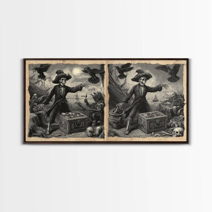 The Ghost Pirate Picnic, Macabre Folk Print Art, Wide Panoramic Art, Dark Fantasy Wall Art, Framed Canvas Print, Halloween Decor