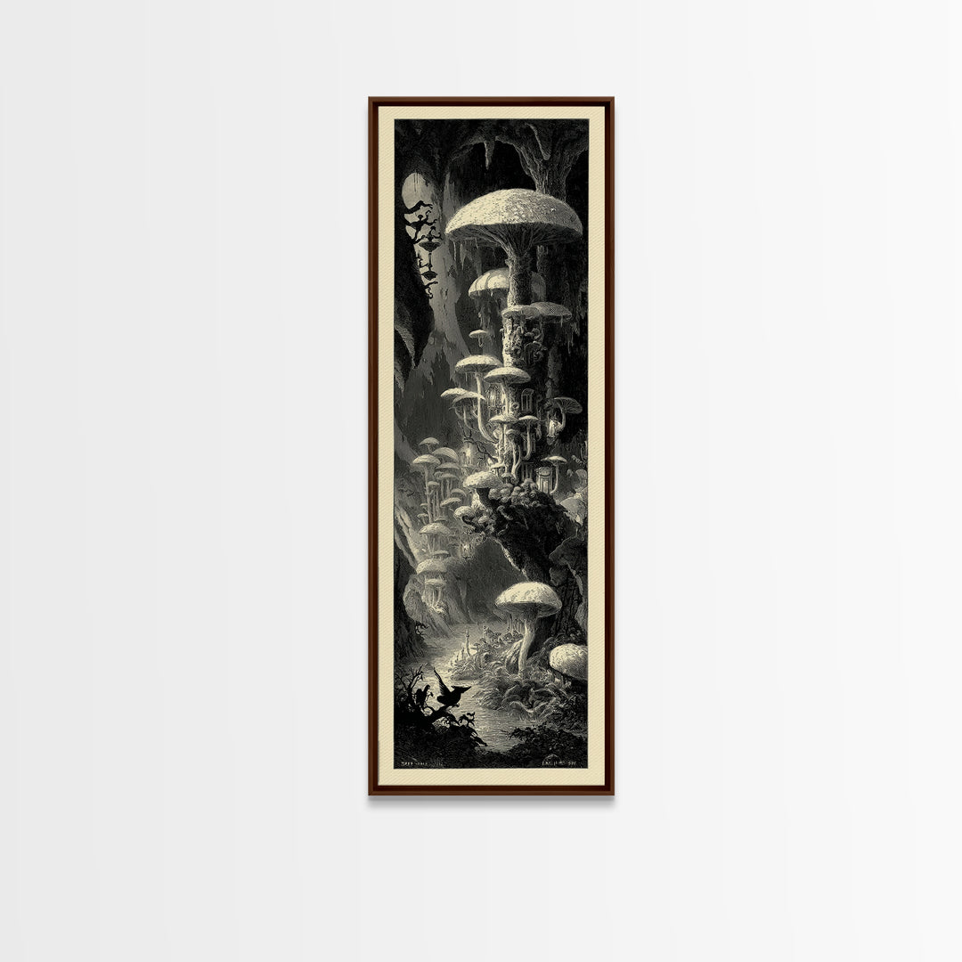 The Moonlit Mushroom Village, Gothic Engraving Art, Tall Narrow Wall Art, Macabre Wall Art, Canvas Print, Halloween Wall Art