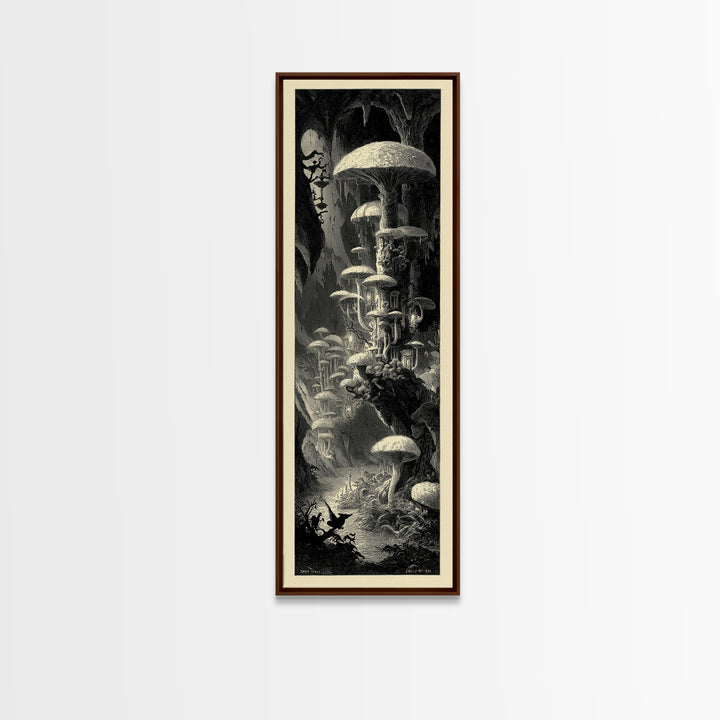 The Moonlit Mushroom Village, Gothic Engraving Art, Tall Narrow Wall Art, Macabre Wall Art, Canvas Print, Halloween Wall Art