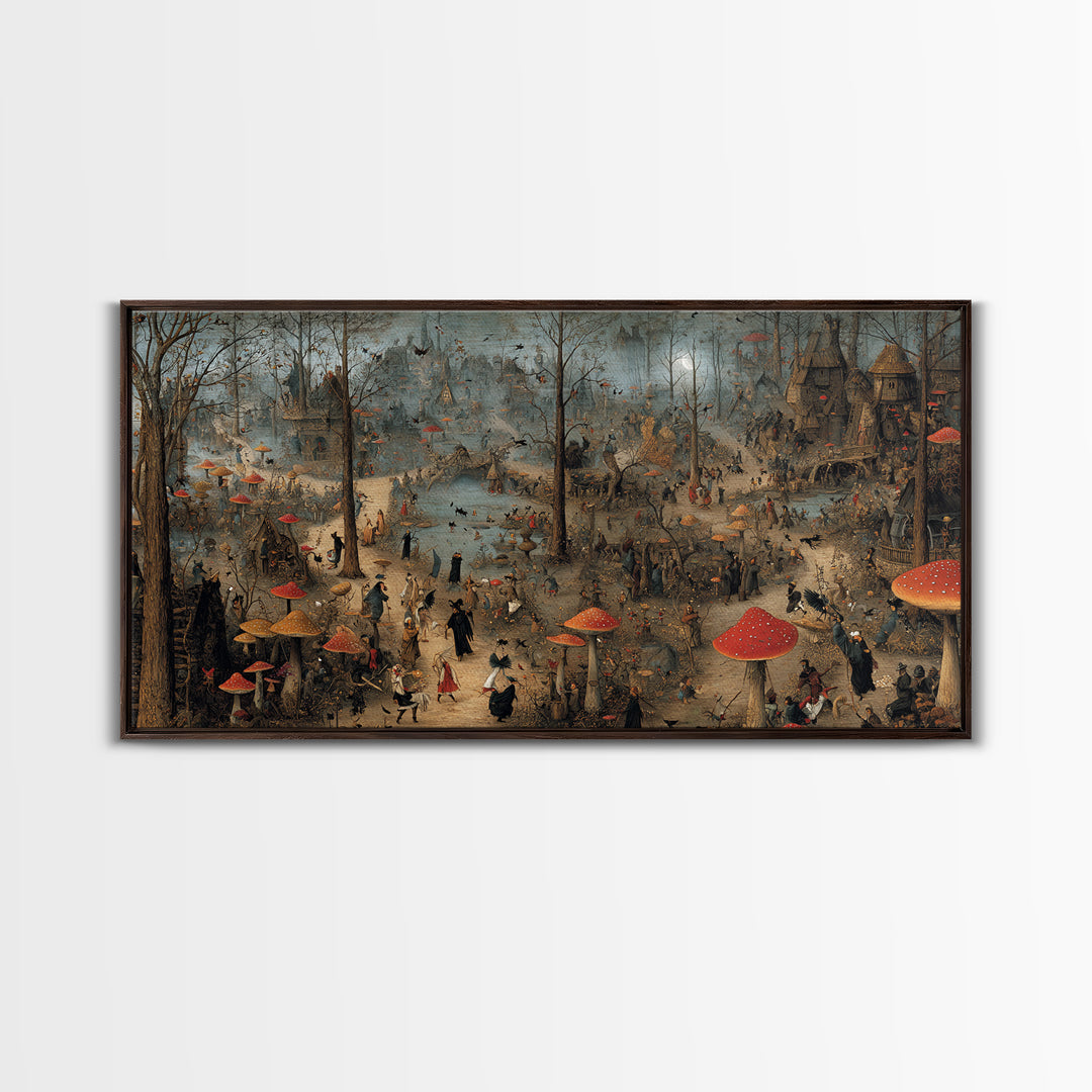 The Moonlit Mushroom Village, Northern Renaissance Horror, Wide Panoramic Art, Macabre Wall Art, Canvas Print, Halloween Wall Art