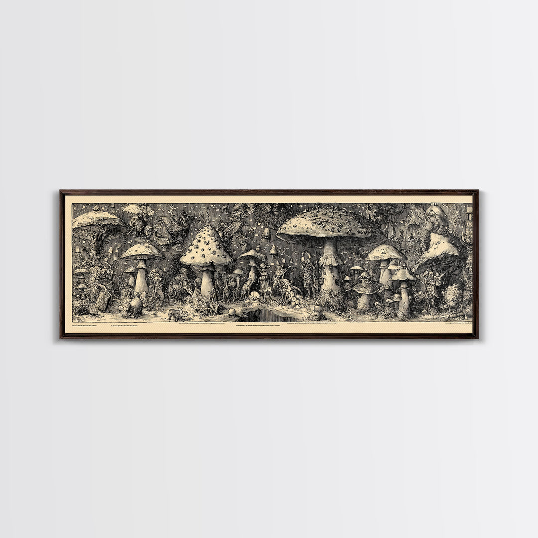 The Moonlit Mushroom Village, Renaissance Engraving Art, Extra Wide Wall Art, Dark Halloween Decor, Framed Canvas Print, Macabre Wall Art