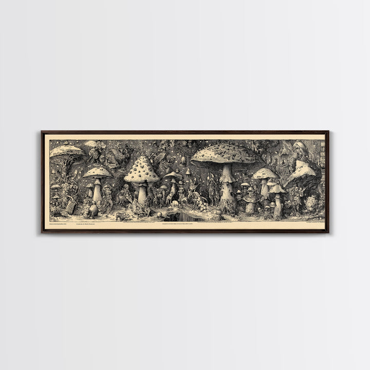 The Moonlit Mushroom Village, Renaissance Engraving Art, Extra Wide Wall Art, Dark Halloween Decor, Framed Canvas Print, Macabre Wall Art