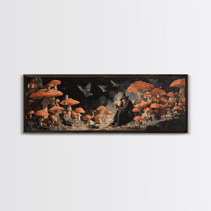 The Moonlit Mushroom Village, Dark Romantic Horror Art, Extra Wide Wall Art, Dark Fantasy Wall Art, Canvas Print, Halloween Wall Art