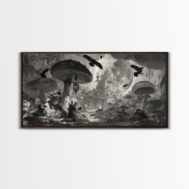 The Moonlit Mushroom Village, Architectural Etching Art, Wide Panoramic Art, Gothic Horror Wall Art, Canvas Print