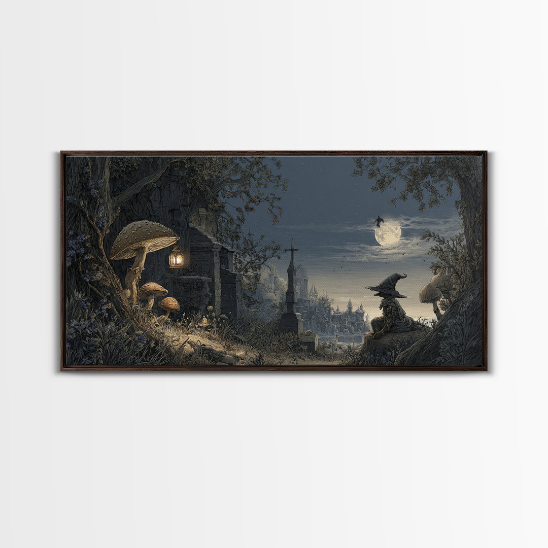 The Moonlit Mushroom Village, Romantic Gothic Landscape, Wide Panoramic Art, Dark Fantasy Wall Art, Canvas Print, Dark Fantasy Art