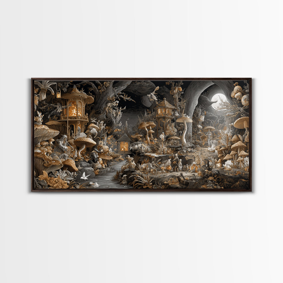 The Moonlit Mushroom Village, Apocalyptic Romantic Art, Wide Panoramic Art, Dark Fantasy Wall Art, Canvas Print, Halloween Wall Art