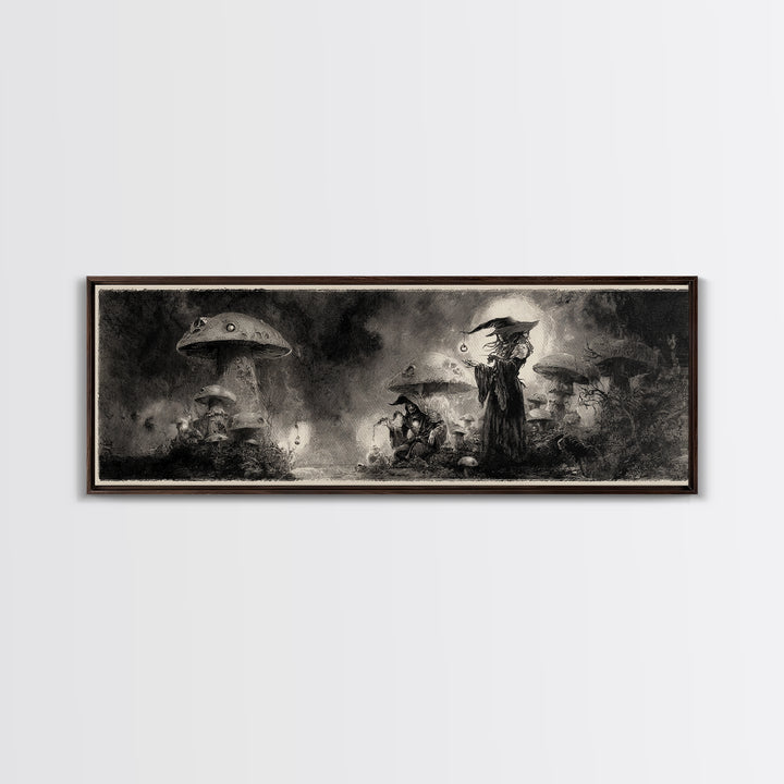 The Moonlit Mushroom Village, Symbolist Dream Art, Extra Wide Wall Art, Gothic Horror Wall Art, Canvas Print, Halloween Wall Art
