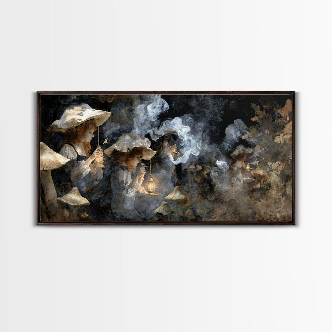 The Moonlit Mushroom Village, Symbolist Gothic Landscape, Wide Panoramic Art, Dark Fantasy Wall Art, Canvas Print, Halloween Wall Art