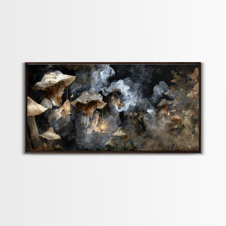 The Moonlit Mushroom Village, Symbolist Gothic Landscape, Wide Panoramic Art, Dark Fantasy Wall Art, Canvas Print, Halloween Wall Art