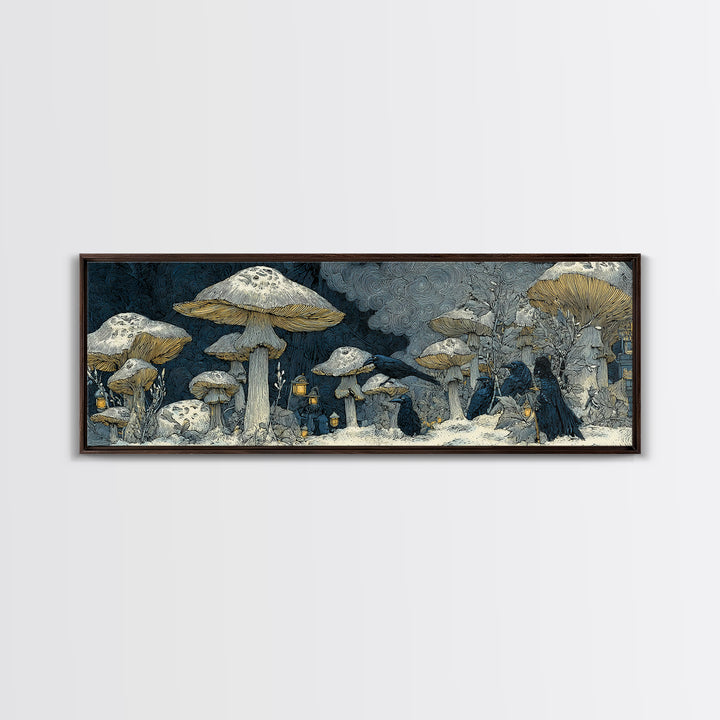 The Moonlit Mushroom Village, Symbolist Death Art, Extra Wide Wall Art, Macabre Wall Art, Framed Canvas Print, Halloween Wall Art