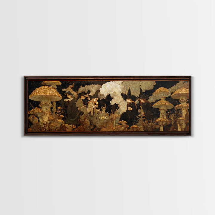 The Moonlit Mushroom Village, Dark Symbolist Art, Extra Wide Wall Art, Gothic Horror Wall Art, Canvas Print, Halloween Wall Art