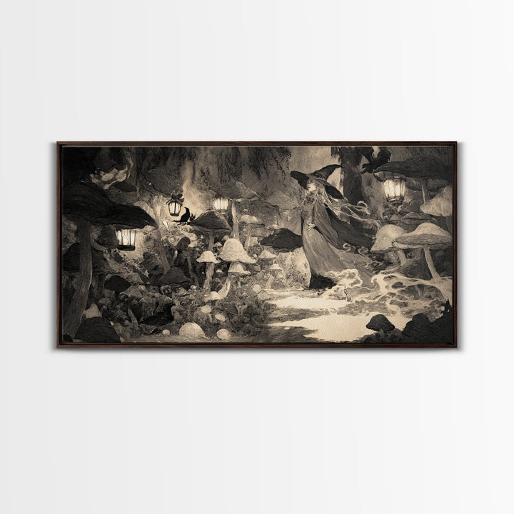 The Moonlit Mushroom Village, Expressionist Nightmare Art, Wide Panoramic Art, Gothic Horror Wall Art, Canvas Print, Halloween Wall Art