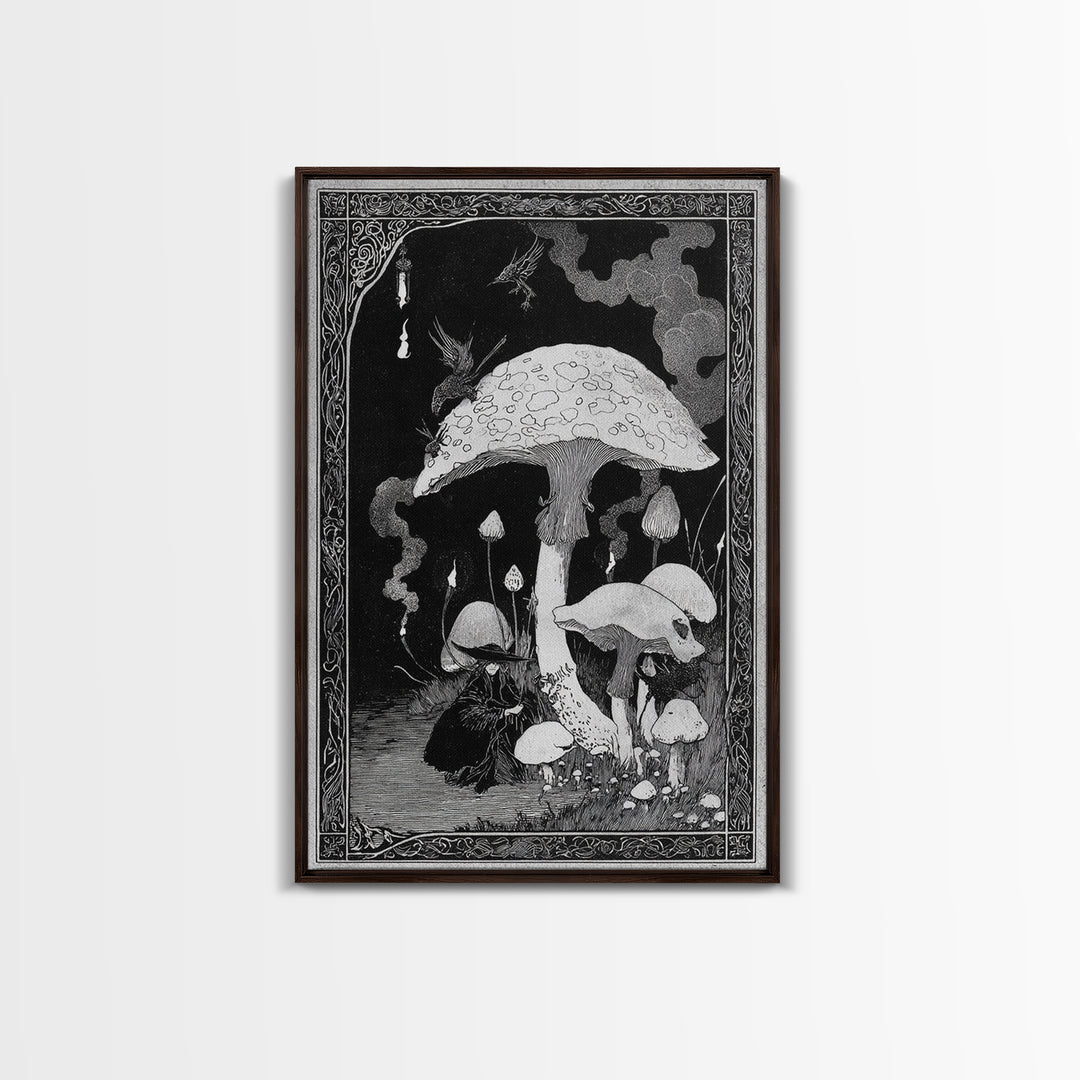 The Moonlit Mushroom Village, Decadent Line Art, Vertical Wall Art, Macabre Wall Art, Framed Canvas Print, Halloween Wall Art