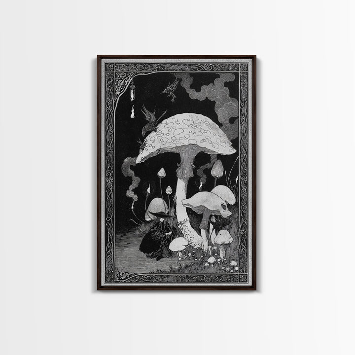 The Moonlit Mushroom Village, Decadent Line Art, Vertical Wall Art, Macabre Wall Art, Framed Canvas Print, Halloween Wall Art