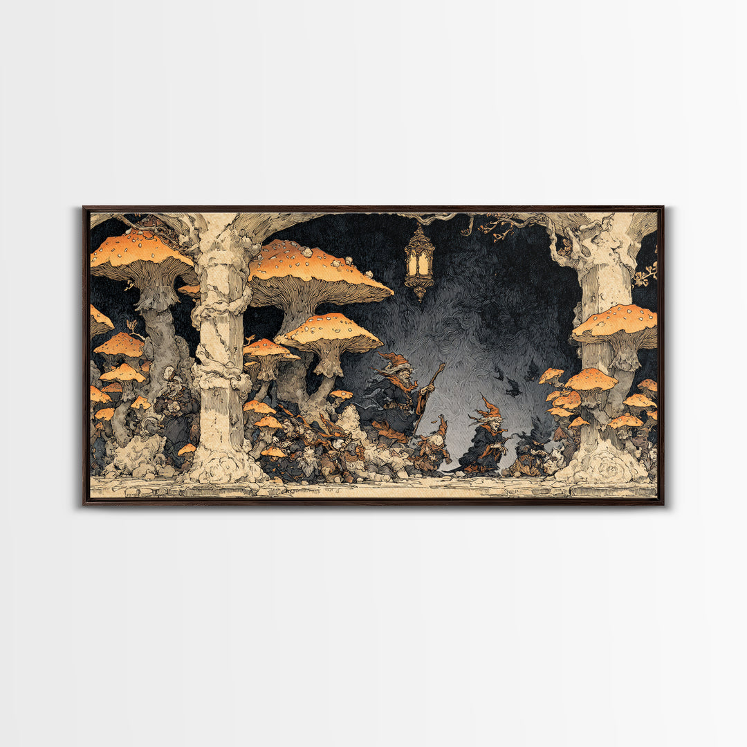 The Moonlit Mushroom Village, Gothic Storybook Art, Wide Panoramic Art, Gothic Horror Wall Art, Canvas Print, Halloween Wall Art