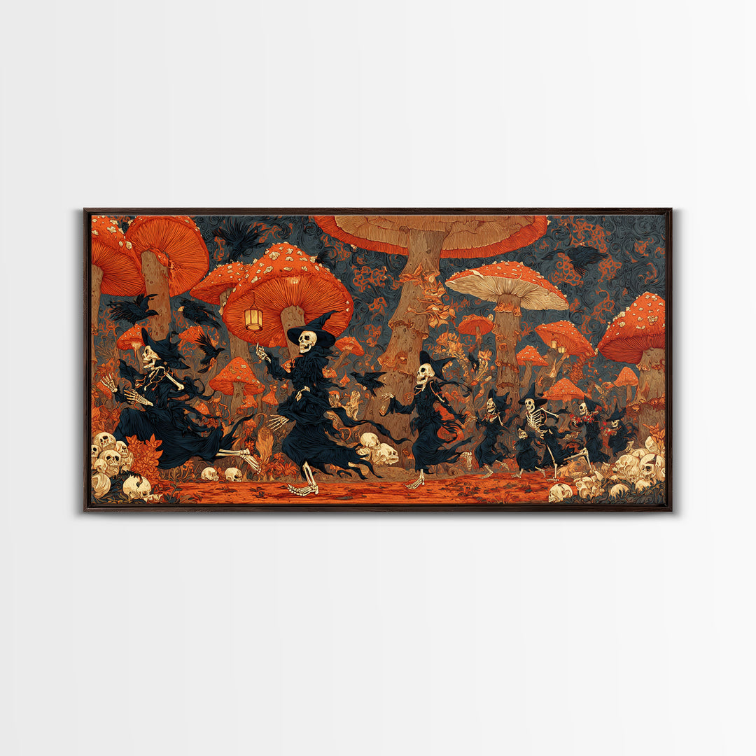 The Moonlit Mushroom Village, Macabre Folk Print Art, Wide Panoramic Art, Dark Halloween Decor, Framed Canvas Print