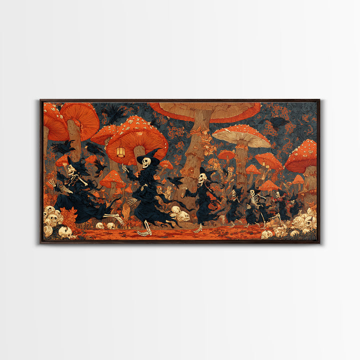 The Moonlit Mushroom Village, Macabre Folk Print Art, Wide Panoramic Art, Dark Halloween Decor, Framed Canvas Print