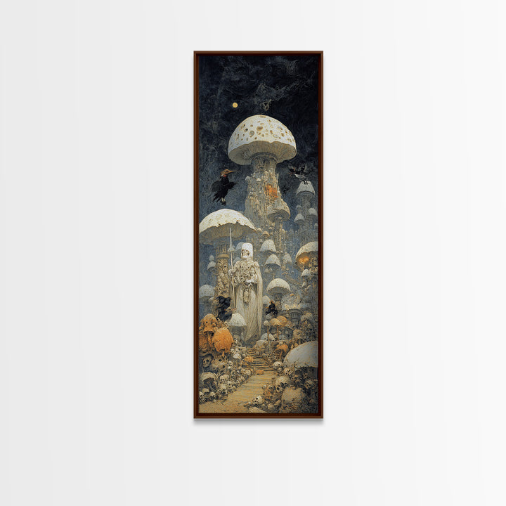 The Moonlit Mushroom Village, Surreal Apocalyptic Art, Tall Narrow Wall Art, Gothic Horror Wall Art, Framed Canvas Print