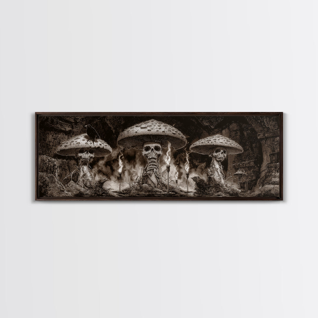 The Moonlit Mushroom Village, Biomechanical Horror Art, Extra Wide Wall Art, Gothic Horror Wall Art, Canvas Print, Halloween Wall Art