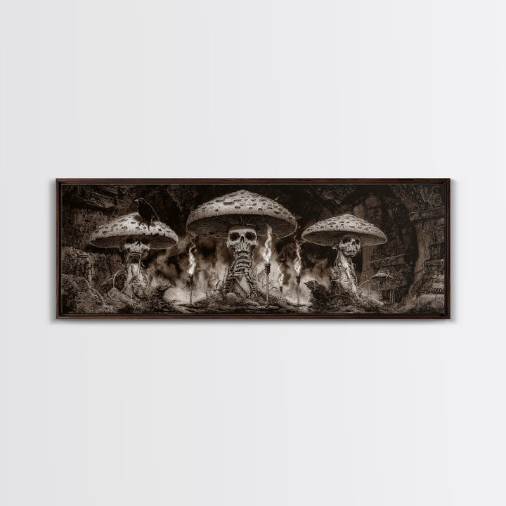 The Moonlit Mushroom Village, Biomechanical Horror Art, Extra Wide Wall Art, Gothic Horror Wall Art, Canvas Print, Halloween Wall Art