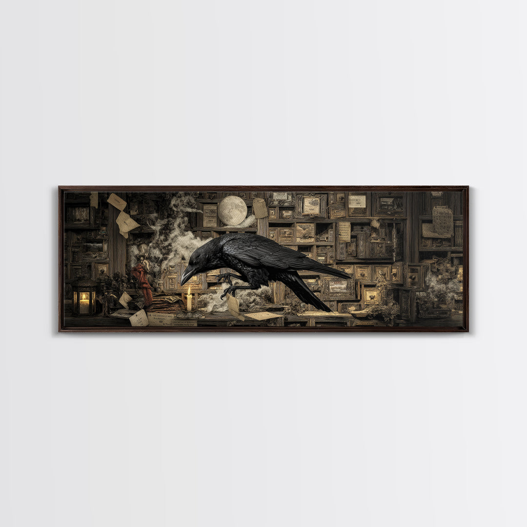 The Raven Post Office, Medieval Grotesque Art, Extra Wide Wall Art, Dark Halloween Decor, Framed Canvas Print, Halloween Wall Art